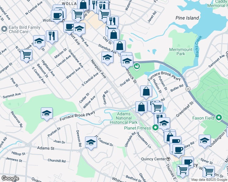 map of restaurants, bars, coffee shops, grocery stores, and more near 573 Newport Avenue in Quincy