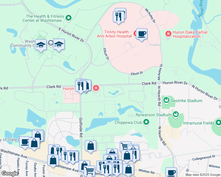 map of restaurants, bars, coffee shops, grocery stores, and more near 1476 West Chateau Vert in Ypsilanti