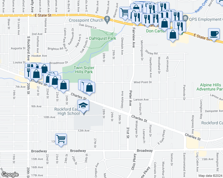 map of restaurants, bars, coffee shops, grocery stores, and more near 719 29th Street in Rockford