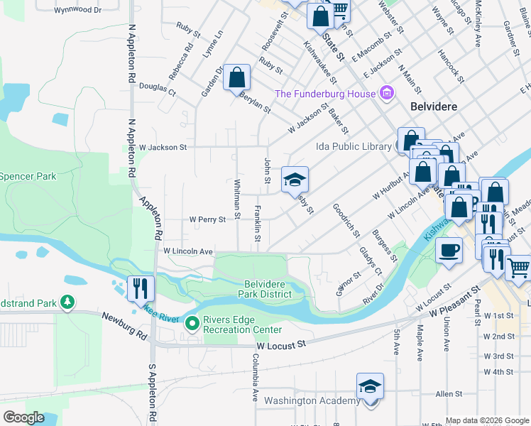 map of restaurants, bars, coffee shops, grocery stores, and more near 729 West Perry Street in Belvidere
