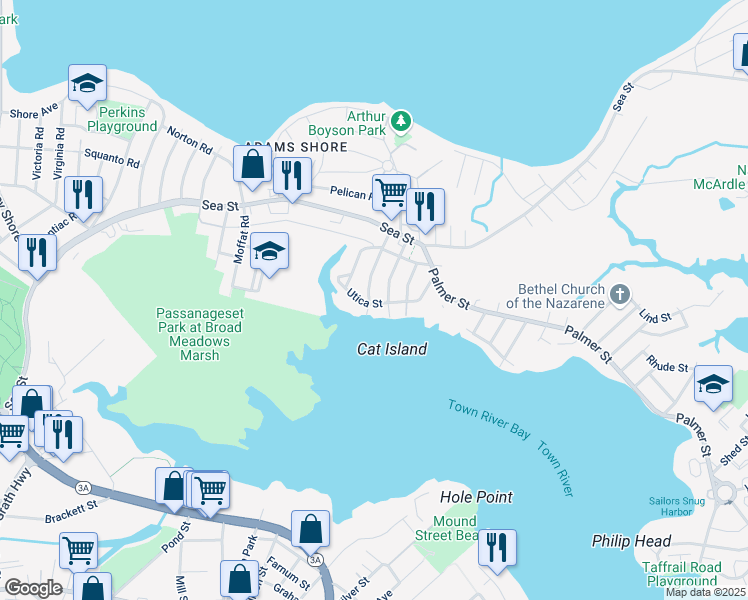 map of restaurants, bars, coffee shops, grocery stores, and more near 93 Utica Street in Quincy
