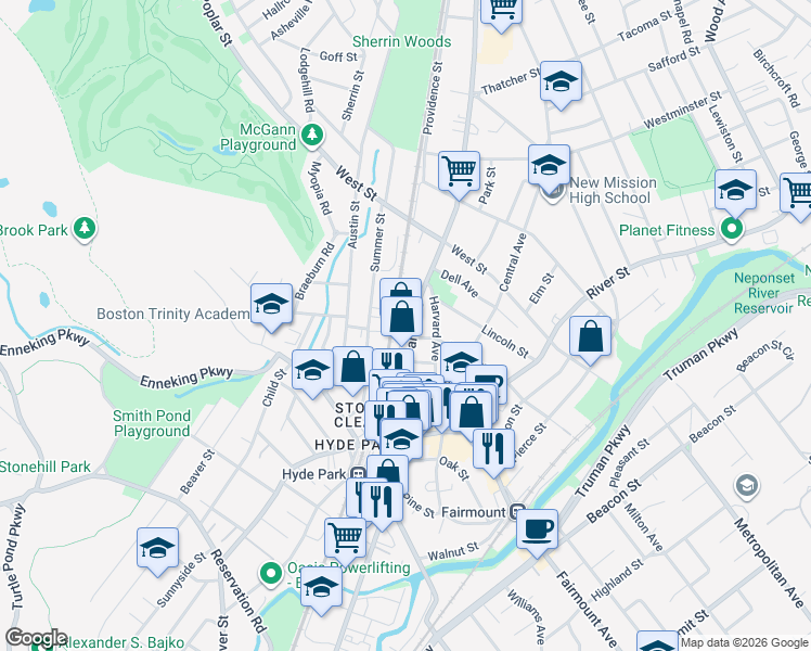 map of restaurants, bars, coffee shops, grocery stores, and more near 1161-1163 Hyde Park Avenue in Boston