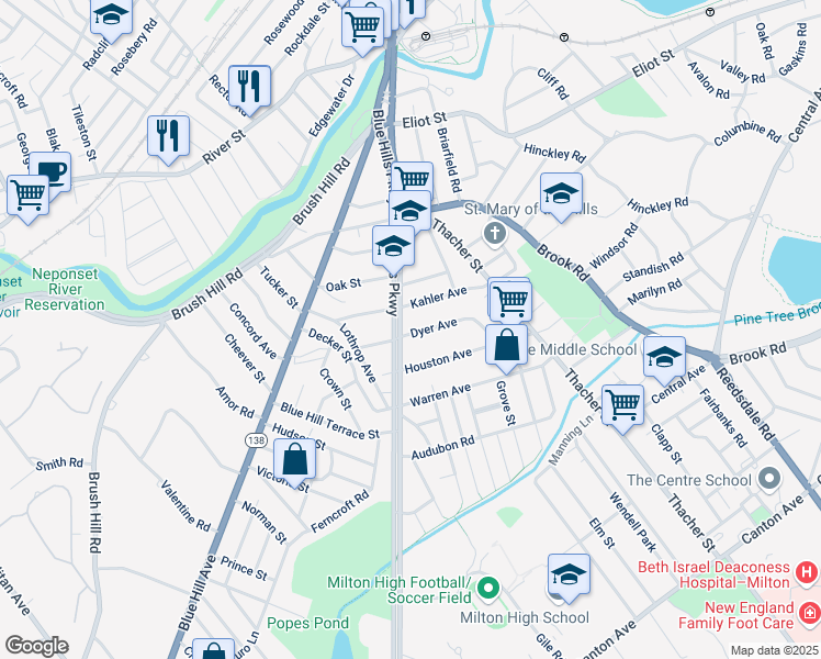 map of restaurants, bars, coffee shops, grocery stores, and more near 232 Blue Hills Parkway in Milton
