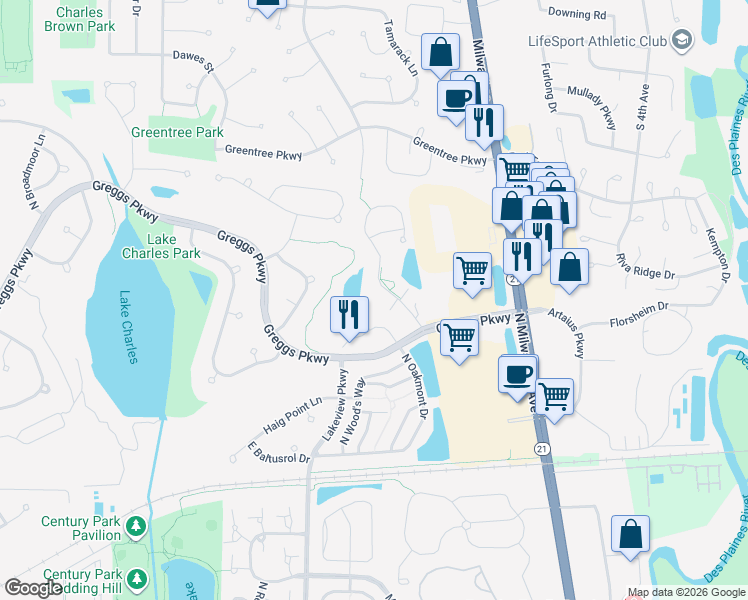 map of restaurants, bars, coffee shops, grocery stores, and more near 1834 Crenshaw Circle in Vernon Hills