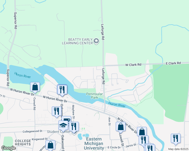 map of restaurants, bars, coffee shops, grocery stores, and more near 772 Green Road in Ypsilanti