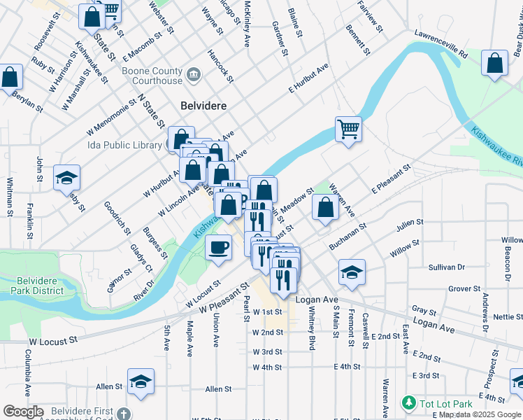 map of restaurants, bars, coffee shops, grocery stores, and more near 122 South Main Street in Belvidere