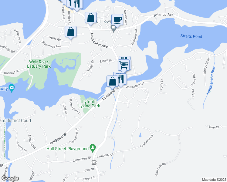 map of restaurants, bars, coffee shops, grocery stores, and more near 345 Rockland Street in Hingham