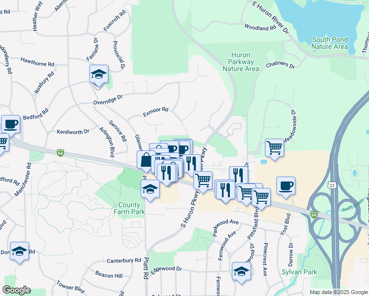 map of restaurants, bars, coffee shops, grocery stores, and more near 3161 Asher Road in Ann Arbor