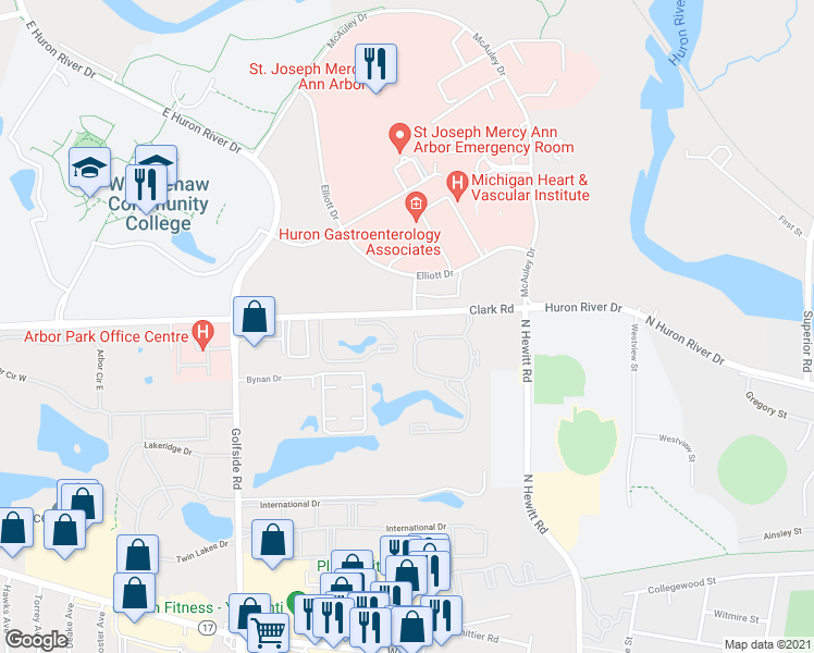 map of restaurants, bars, coffee shops, grocery stores, and more near 1421 Chestnut Drive in Ypsilanti