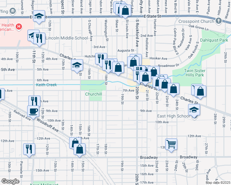 map of restaurants, bars, coffee shops, grocery stores, and more near 2229 7th Avenue in Rockford