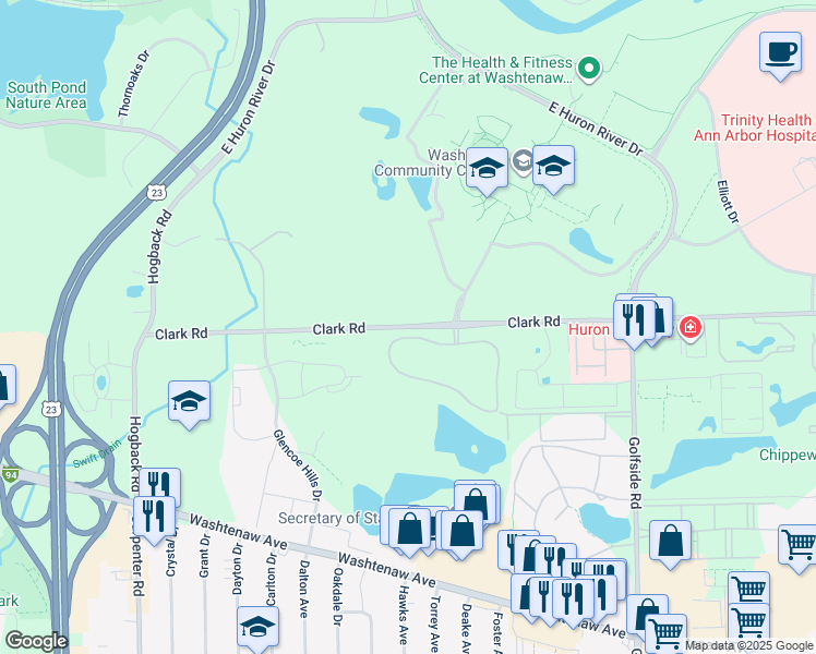 map of restaurants, bars, coffee shops, grocery stores, and more near 4769 Clark Road in Ann Arbor