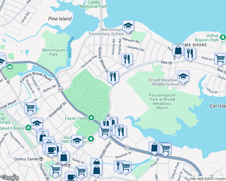 map of restaurants, bars, coffee shops, grocery stores, and more near 123 Sea Street in Quincy