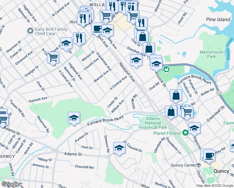 map of restaurants, bars, coffee shops, grocery stores, and more near 43 Cedar Street in Quincy