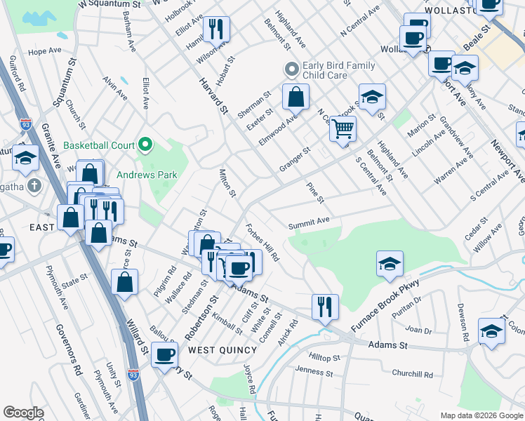map of restaurants, bars, coffee shops, grocery stores, and more near 401 Beale Street in Quincy