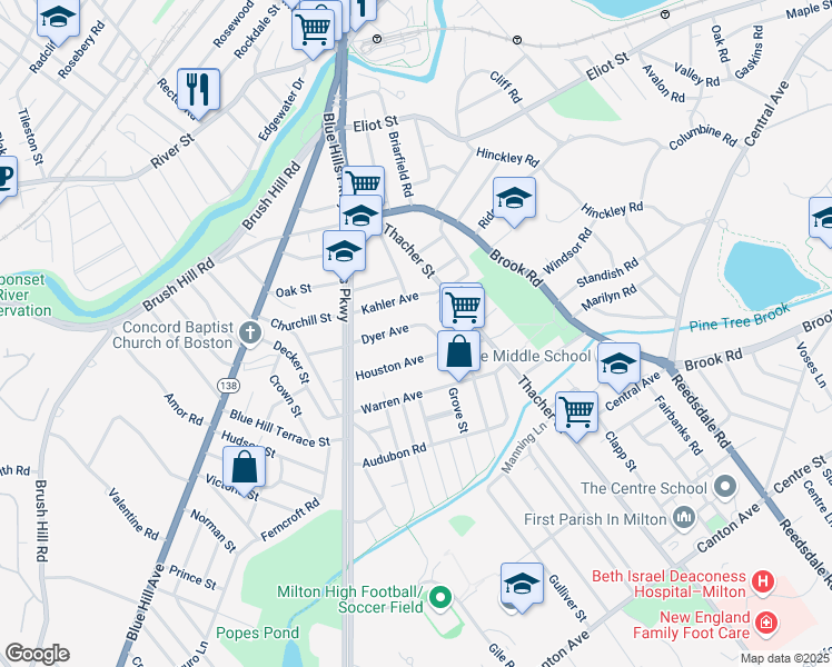 map of restaurants, bars, coffee shops, grocery stores, and more near 52 Dyer Avenue in Milton
