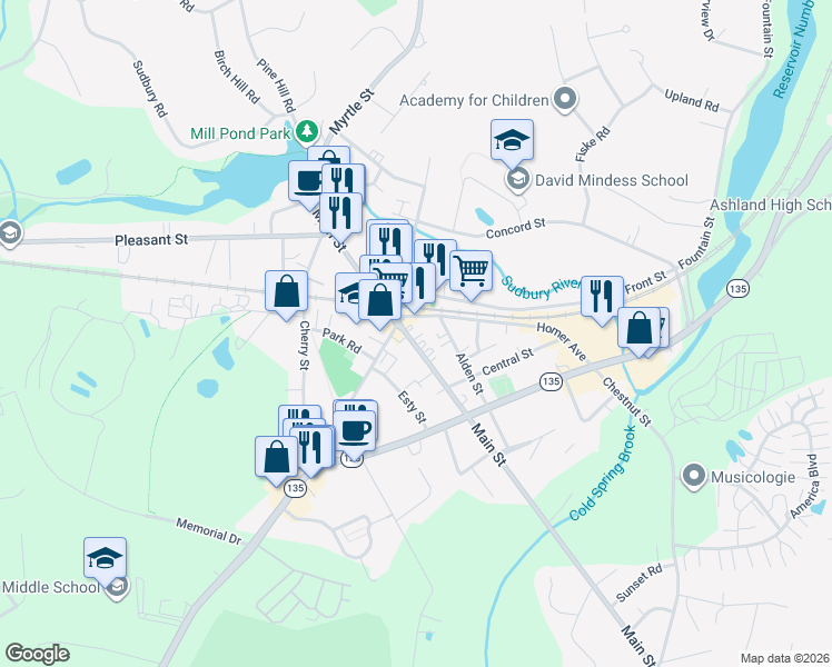 map of restaurants, bars, coffee shops, grocery stores, and more near 25 Homer Avenue in Ashland