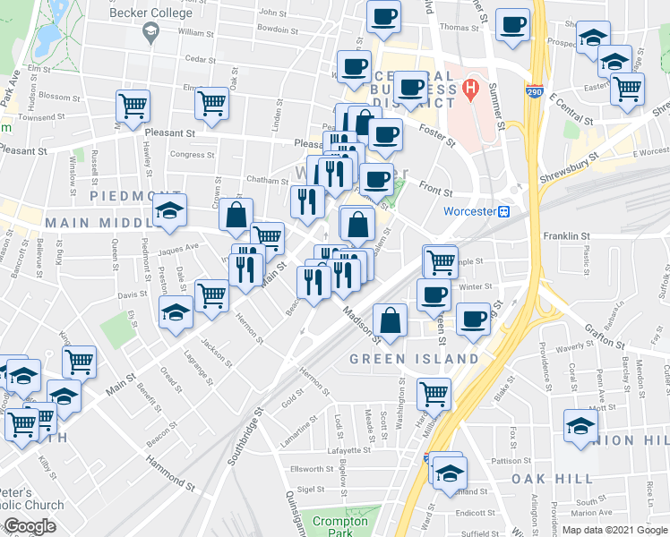 map of restaurants, bars, coffee shops, grocery stores, and more near in Worcester
