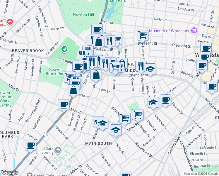 map of restaurants, bars, coffee shops, grocery stores, and more near 91 Bellevue Street in Worcester