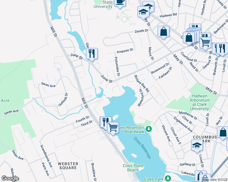 map of restaurants, bars, coffee shops, grocery stores, and more near 9 Hemlock Street in Worcester