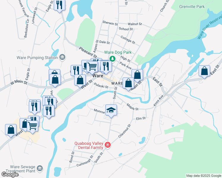 map of restaurants, bars, coffee shops, grocery stores, and more near 50 East Main Street in Ware