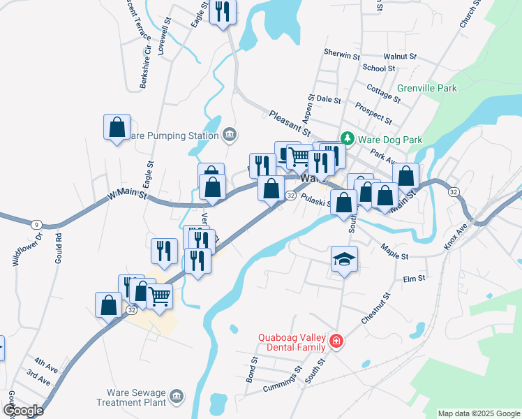 map of restaurants, bars, coffee shops, grocery stores, and more near 51 West Street in Ware