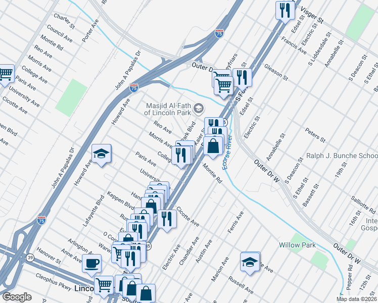 map of restaurants, bars, coffee shops, grocery stores, and more near 1308 Montie Road in Lincoln Park