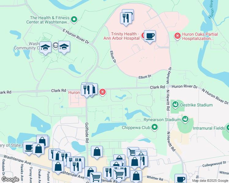 map of restaurants, bars, coffee shops, grocery stores, and more near 2933 Clark Road in Ypsilanti