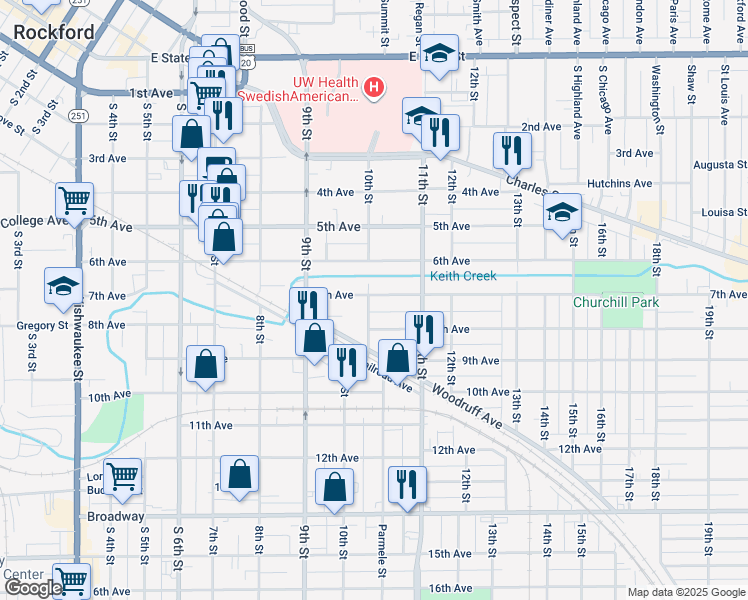 map of restaurants, bars, coffee shops, grocery stores, and more near 1358 7th Avenue in Rockford