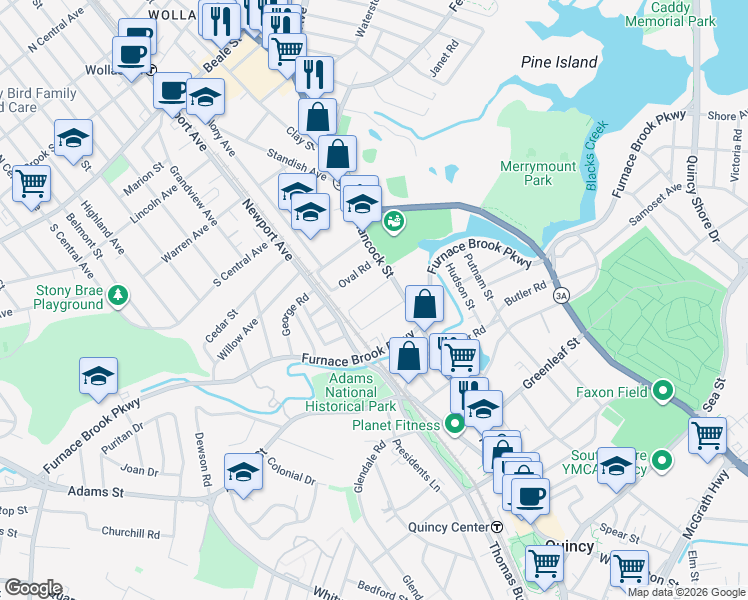 map of restaurants, bars, coffee shops, grocery stores, and more near 29 Gilmore Street in Quincy