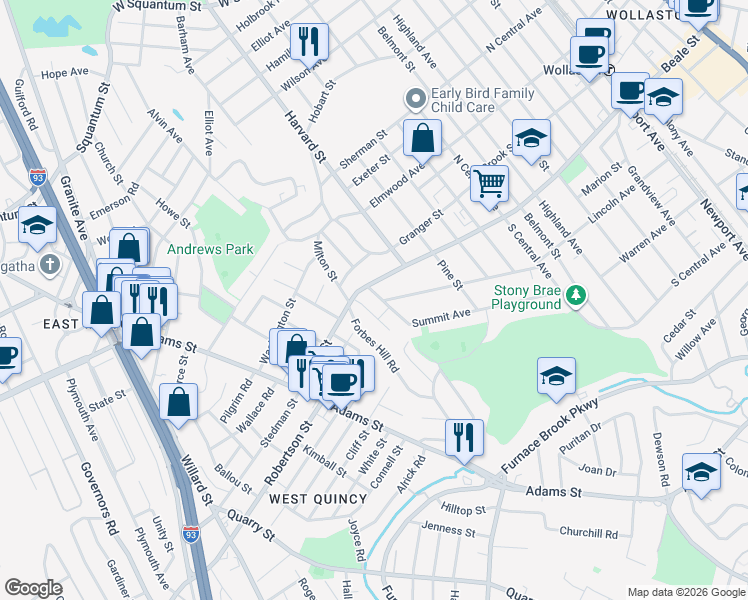 map of restaurants, bars, coffee shops, grocery stores, and more near 401 Beale Street in Quincy