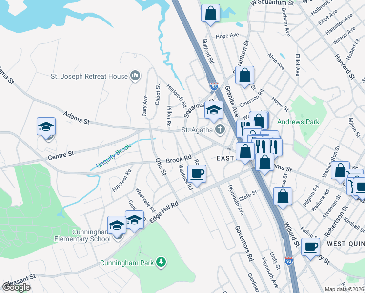 map of restaurants, bars, coffee shops, grocery stores, and more near 11 Rowe Street in Milton