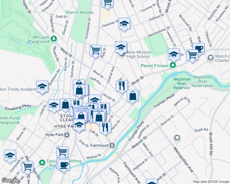 map of restaurants, bars, coffee shops, grocery stores, and more near 76 West Street in Boston