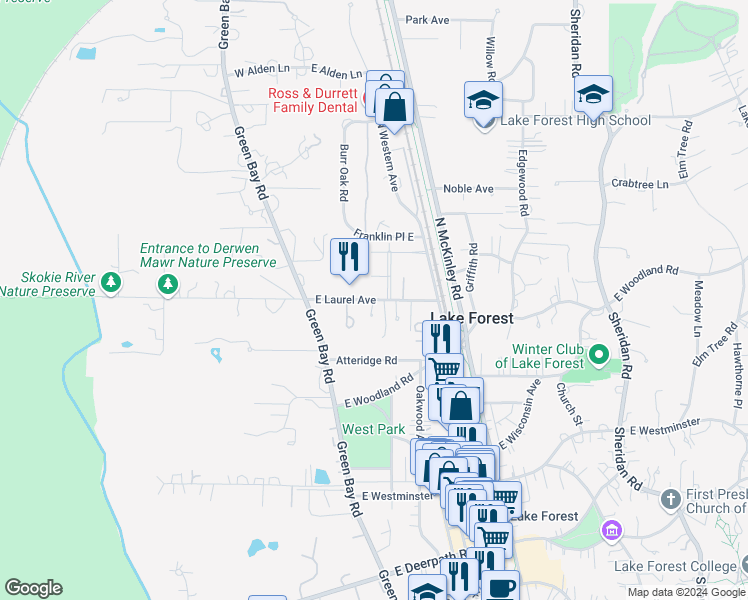 map of restaurants, bars, coffee shops, grocery stores, and more near East Laurel Avenue in Lake Forest