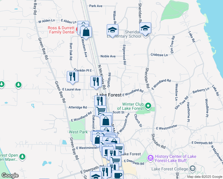 map of restaurants, bars, coffee shops, grocery stores, and more near 1077 Griffith Road in Lake Forest