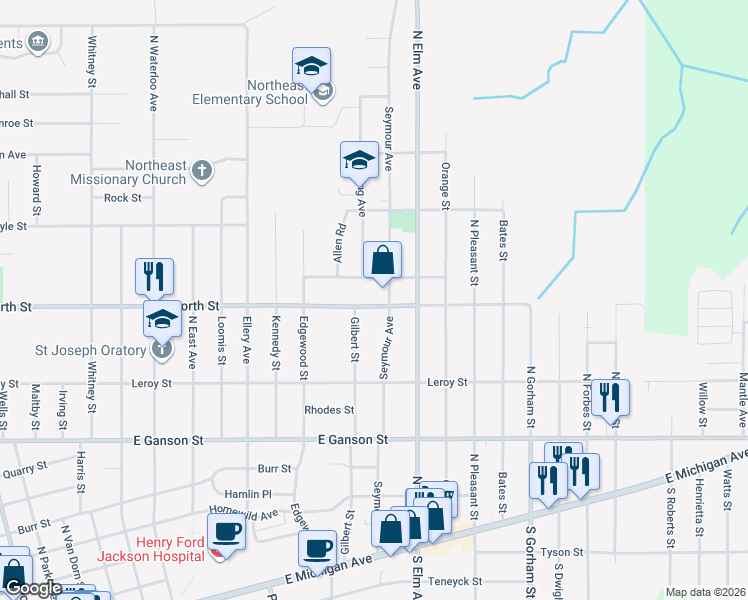 map of restaurants, bars, coffee shops, grocery stores, and more near 1410 East North Street in Jackson