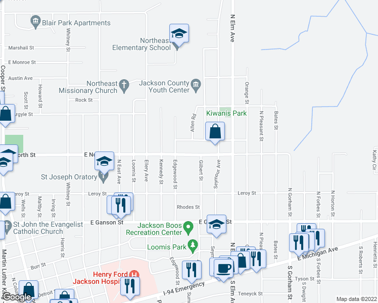 map of restaurants, bars, coffee shops, grocery stores, and more near 1314 East North Street in Jackson