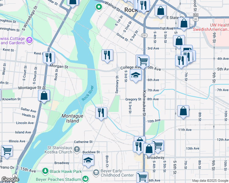 map of restaurants, bars, coffee shops, grocery stores, and more near 825 Seminary Street in Rockford