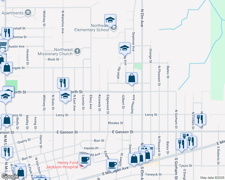 map of restaurants, bars, coffee shops, grocery stores, and more near 1308 East North Street in Jackson