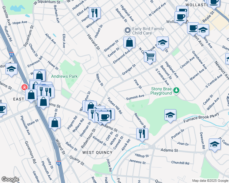 map of restaurants, bars, coffee shops, grocery stores, and more near 401 Beale Street in Quincy