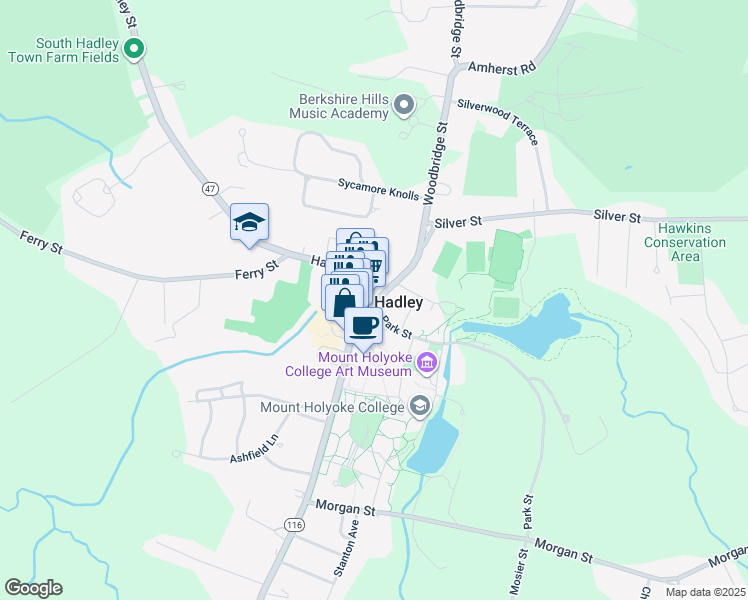 map of restaurants, bars, coffee shops, grocery stores, and more near 1 Hadley Street in South Hadley