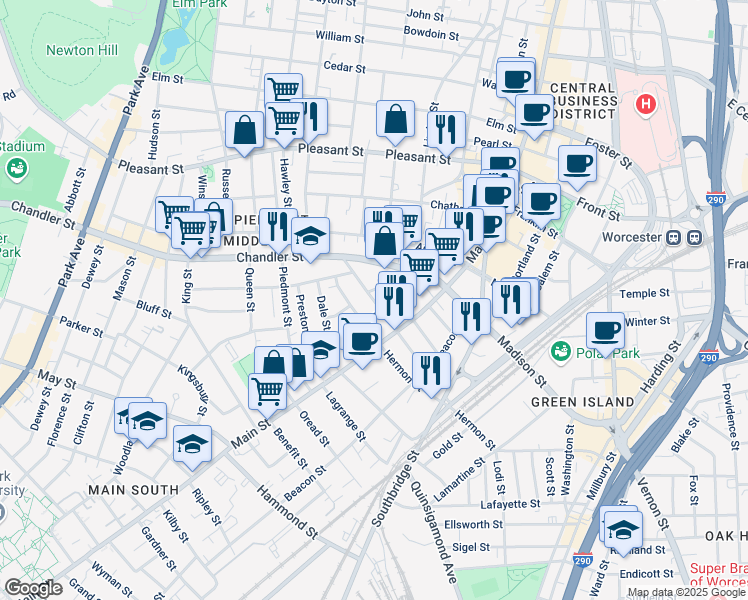 map of restaurants, bars, coffee shops, grocery stores, and more near 30 Wellington Street in Worcester