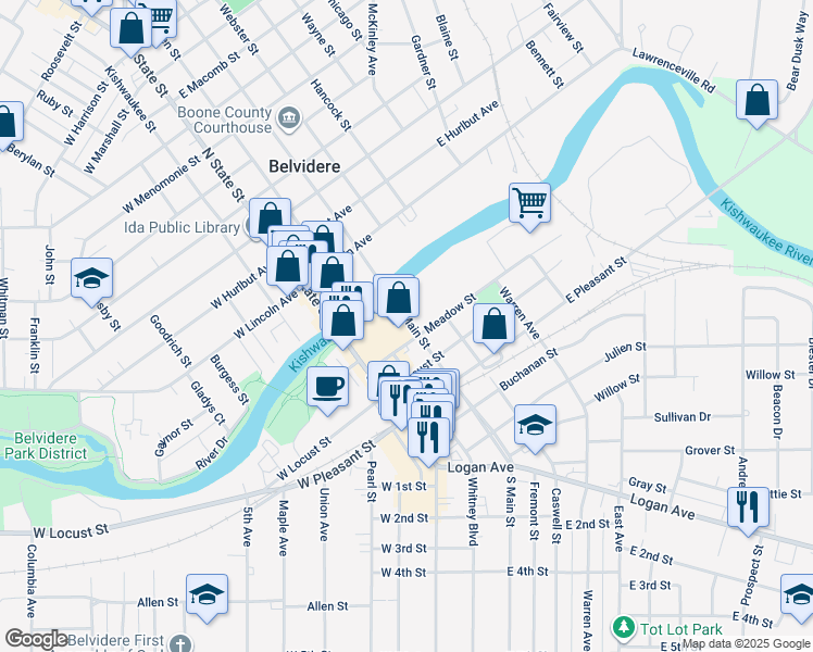 map of restaurants, bars, coffee shops, grocery stores, and more near 122 South Main Street in Belvidere