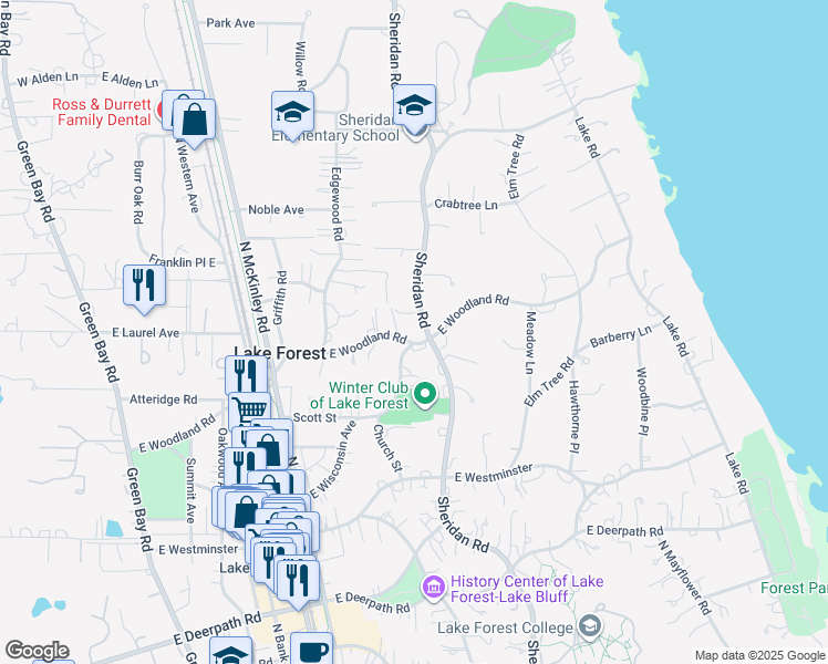 map of restaurants, bars, coffee shops, grocery stores, and more near 1090 North Sheridan Road in Lake Forest