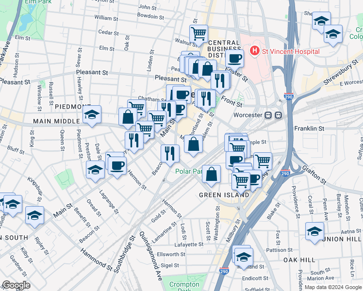 map of restaurants, bars, coffee shops, grocery stores, and more near 70 Southbridge Street in Worcester