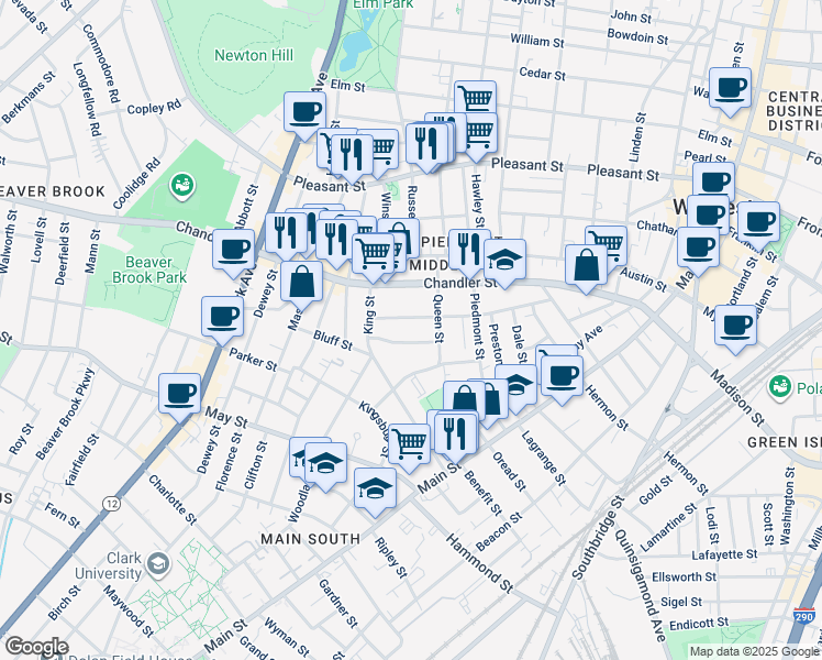 map of restaurants, bars, coffee shops, grocery stores, and more near 26 Queen Street in Worcester