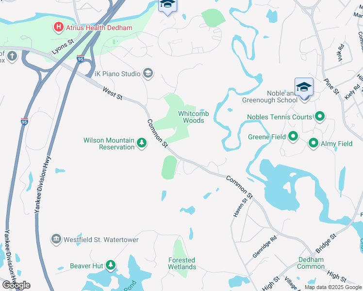 map of restaurants, bars, coffee shops, grocery stores, and more near 391 Common Street in Dedham