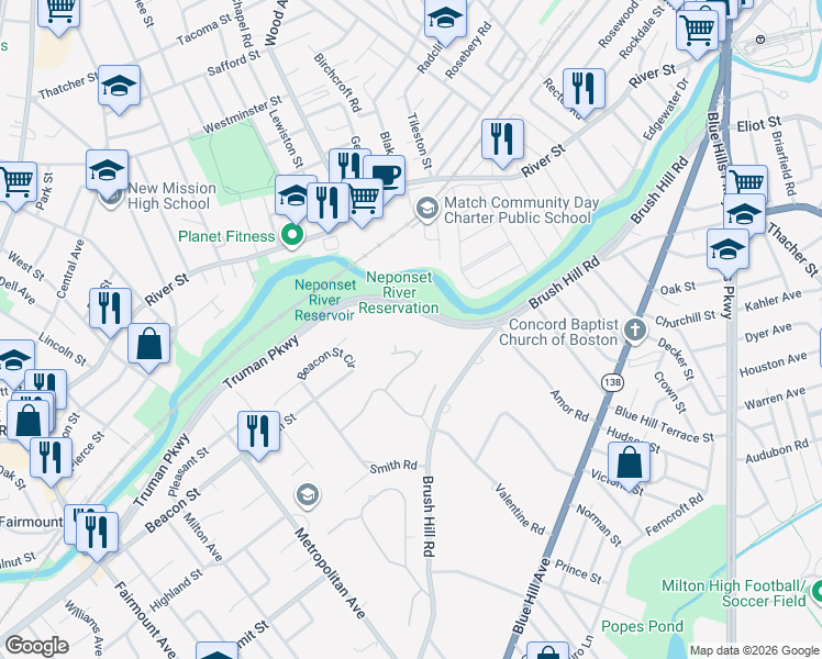 map of restaurants, bars, coffee shops, grocery stores, and more near 304 Truman Parkway in Milton