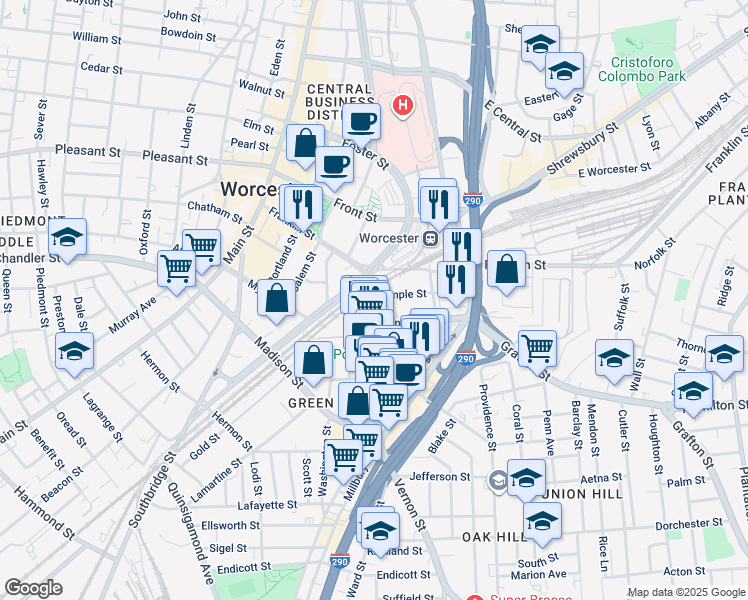 map of restaurants, bars, coffee shops, grocery stores, and more near 16 Temple Street in Worcester