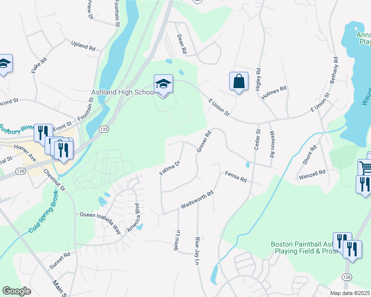 map of restaurants, bars, coffee shops, grocery stores, and more near 2 Fatima Drive in Ashland