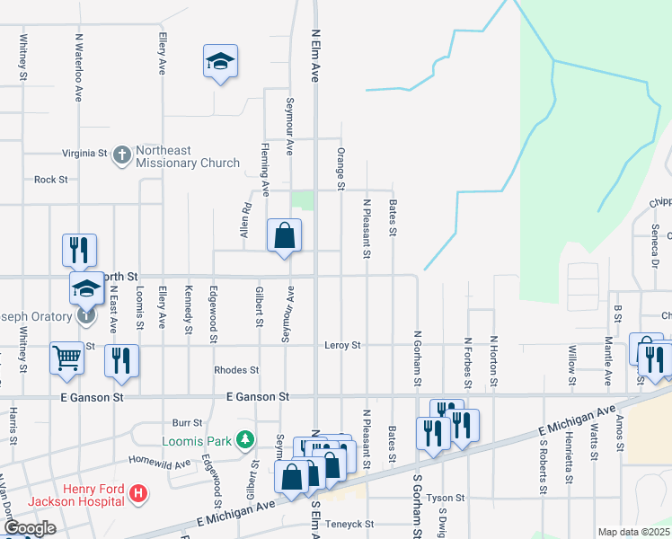 map of restaurants, bars, coffee shops, grocery stores, and more near 1601 Maguire Street in Jackson